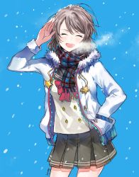 Rule 34 | 1girl, :o, ^ ^, absurdres, artist name, blue background, bow, bowtie, breath, buttons, closed eyes, cowboy shot, double-breasted, drawstring, fur-trimmed jacket, fur trim, grey hair, hand in pocket, highres, hyugo, jacket, long sleeves, love live!, love live! sunshine!!, md5 mismatch, open mouth, plaid, plaid scarf, pleated skirt, red bow, red bowtie, resolution mismatch, salute, scarf, school uniform, serafuku, short hair, skirt, smile, snow on head, snowflakes, snowing, solo, source smaller, star (symbol), uranohoshi school uniform, watanabe you