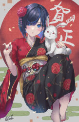 Rule 34 | 1girl, 2023, absurdres, barefoot, black hair, black kimono, blue eyes, blue hair, chinese zodiac, commentary request, earrings, egasumi, enporion, eyelashes, eyeshadow, feet, fingernails, floral print, flower, full body, hair flower, hair ornament, hair over one eye, hands up, highres, japanese clothes, jewelry, kimono, knees up, long sleeves, looking at viewer, makeup, mole, mole under eye, multicolored clothes, multicolored hair, multicolored kimono, nail polish, nengajou, new year, no shoes, obi, obiage, obijime, original, parted bangs, parted lips, print kimono, rabbit, red eyeshadow, red flower, red kimono, red nails, sash, short hair, sidelocks, sitting, solo, streaked hair, stud earrings, tassel, toenail polish, toenails, wide sleeves, year of the rabbit