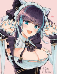 Rule 34 | 1girl, azur lane, black dress, blue eyes, blue hair, blue nails, blush, breasts, cheshire (azur lane), claw pose, cleavage, commentary request, dress, fang, female focus, frilled dress, frilled ribbon, frills, hair ribbon, heart, highres, large breasts, long sleeves, looking at viewer, maid headdress, multicolored hair, nail polish, open mouth, pinafore dress, pink background, purple hair, purple ribbon, ribbon, shirt, short hair, simple background, sleeveless, sleeveless dress, smile, solo, streaked hair, underbust, uo illust, upper body, white shirt