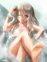 Rule 34 | 10s, 1girl, ;q, barefoot, bathing, bathtub, breasts, collarbone, crossed legs, cup, drinking glass, eyebrows, feet, grey eyes, grey hair, indoors, kantai collection, large breasts, light brown hair, long hair, looking at viewer, nude, one eye closed, partially submerged, pola (kancolle), ripples, short eyebrows, sitting, smile, soles, solo, steam, tmsksa, toes, tongue, tongue out, wavy hair, wine glass