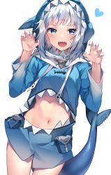 Rule 34 | 1girl, :d, absurdres, animal hood, bara (03 bara ), blue eyes, blue hair, blue hoodie, blue nails, blush, claw pose, clothing cutout, cowboy shot, fins, fish tail, gawr gura, gawr gura (1st costume), heart, highres, hololive, hololive english, hood, hoodie, long sleeves, looking at viewer, multicolored hair, nail polish, navel, open mouth, shark hood, shark tail, sharp teeth, simple background, smile, solo, stomach, stomach cutout, streaked hair, tail, teeth, two-tone hair, upper teeth only, virtual youtuber, white background, white hair