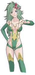 Rule 34 | 1990s (style), 1girl, bad id, bad pixiv id, bare shoulders, breasts, cleavage, collarbone, detached sleeves, final fantasy, final fantasy iv, final fantasy iv: the after years, green eyes, green hair, groin, hand on own hip, jewelry, leotard, long hair, long sleeves, looking at viewer, matching hair/eyes, necklace, parted lips, retro artstyle, revealing clothes, rydia (ff4), shiwasu, simple background, solo, standing, thighhighs, white background