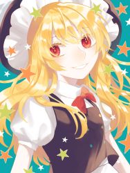 Rule 34 | 100th black market, absurdres, black hat, blue background, buttons, commentary request, hair between eyes, hat, highres, kirisame marisa, multicolored buttons, toraneko 2, touhou