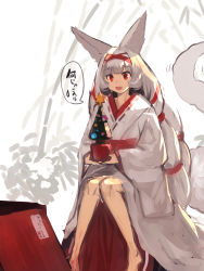 Rule 34 | 1girl, :d, animal ears, bamboo, barefoot, christmas, christmas ornaments, christmas tree, commentary request, fang, fox ears, fox girl, fox tail, grey hair, hair ribbon, highres, holding, japanese clothes, kimono, knees together feet apart, long hair, long sleeves, open mouth, original, red eyes, red ribbon, ribbon, sitting, sleeves past wrists, smile, solo, star (symbol), tail, tail raised, translation request, very long hair, white kimono, wide sleeves, yuuji (yukimimi)