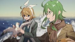 Rule 34 | 2girls, animal, bird, blonde hair, blue eyes, blue jacket, blue scarf, bow, bow hairband, brown jacket, brown scarf, commentary, green eyes, green hair, gumi, hair bow, hairband, highres, holding, holding animal, holding bird, holding phone, jacket, kagamine rin, looking at another, medium hair, motion blur, multiple girls, ocean, open mouth, outdoors, phone, scarf, seagull, sidelocks, standing, sweat, upper body, vocaloid, waves, white bow, wounds404