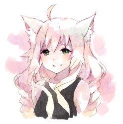 Rule 34 | 1girl, ahoge, animal ears, bare shoulders, black shirt, commentary, english commentary, green eyes, hair between eyes, long hair, looking at viewer, original, peachpii, pink hair, portrait, shirt, smile, solo, upper body