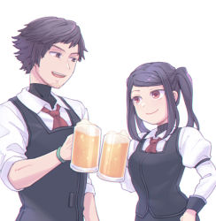 Rule 34 | 1boy, 1girl, :d, alcohol, beard, beer, beer mug, black hair, cup, facial hair, gillian (va-11 hall-a), jill stingray, mug, open mouth, simple background, sleeves rolled up, smile, teeth, turtleneck, twintails, uniform, va-11 hall-a, vest, white background, y (35504109)