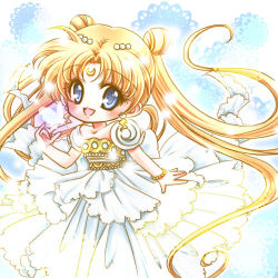 Rule 34 | 1990s (style), 1girl, bare shoulders, bead bracelet, beads, bishoujo senshi sailor moon, blonde hair, bracelet, bug, butterfly, crescent, crescent facial mark, double bun, dress, facial mark, forehead mark, hair ornament, hairpin, insect, jewelry, long hair, lowres, princess serenity, puffy sleeves, retro artstyle, shirataki kaiseki, solo, strapless, strapless dress, tsukino usagi, twintails, white dress