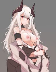 Rule 34 | 1girl, arknights, black choker, black collar, blush, breasts, choker, collar, commentary, dot mouth, grey background, hair ornament, highres, horns, looking at viewer, material growth, medium breasts, midriff, mudrock (arknights), mudrock (elite ii) (arknights), nipples, oripathy lesion (arknights), pointy ears, red eyes, retri, silver hair, simple background, solo, stomach, topless