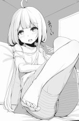 Rule 34 | 1girl, ahoge, bare shoulders, barefoot, blush, collarbone, feet, futaba anzu, greyscale, highres, hot, idolmaster, idolmaster cinderella girls, long hair, looking at viewer, low twintails, monochrome, off shoulder, open mouth, ratsuku kinoko, shorts, sitting, solo, striped clothes, striped shorts, sweat, twintails