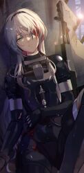 Rule 34 | 1girl, an-94, an-94 (girls&#039; frontline), assault rifle, black gloves, black hairband, bleeding, blood, bodysuit, clutching chest, diving suit, dying, girls&#039; frontline, gloves, green eyes, gun, hairband, highres, lens flare, niac, rifle, robot, rubble, solo, torn clothes, weapon, wetsuit, white hair