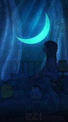 Rule 34 | 1girl, absurdres, brown hair, cellphone, closed eyes, commentary, crescent moon, curtains, english text, glowing, highres, holding, holding phone, indoors, long hair, long sleeves, moon, night, original, pasoputi, phone, puffy sleeves, sidelocks, smartphone, solo, star (symbol), stuffed animal, stuffed chicken, stuffed penguin, stuffed shark, stuffed toy, sweater, teddy bear, under covers