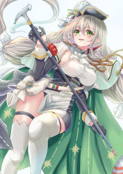 Rule 34 | 1girl, absurdly long hair, aiguillette, aquila (azur lane), azur lane, black hat, breasts, cane, cape, capelet, flight deck, gloves, green cape, green hair, grey hair, hair behind ear, hair between eyes, half gloves, hat, highres, holding, holding cane, italian flag, large breasts, long hair, low-tied long hair, low twintails, sideboob, simple background, solo, thigh strap, thighhighs, thighs, tricorne, twintails, very long hair, white background, white capelet, white thighhighs, yam (yam6056)
