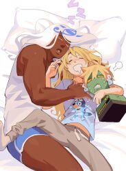 Rule 34 | 3boys, puff of air, arm around neck, blonde hair, blue shirt, blue shorts, bluey, bluey heeler, blush, character print, colored eyelashes, cuddling, dark-skinned male, dark skin, disembodied head, drooling, eddie (young) (guilty gear), grey pants, guilty gear, humanoid robot, key in head, long hair, lying, metal skin, midriff peek, mouth drool, multiple boys, object through head, on back, on bed, on side, open mouth, pants, parted lips, pillow, print shirt, robo-ky, robot, shirt, short hair, short sleeves, shorts, sigh, sleeping, socks, solid eyes, sorrysap, spread legs, sweatpants, tank top, venom (guilty gear), white hair, white shirt, white socks, winding key, yellow eyes, zzz