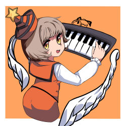 Rule 34 | 1girl, brown hair, commentary request, cowboy shot, frilled sleeves, frills, from behind, hat, hat ornament, highres, instrument, keyboard (instrument), kurodani yamame, long sleeves, looking at viewer, looking back, lyrica prismriver, open mouth, orange background, red hat, red skirt, red vest, rinyamame, shirt, short hair, skirt, skirt set, smile, solo, star (symbol), star hat ornament, touhou, vest, white shirt, yellow eyes