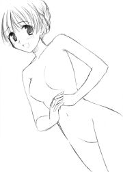 Rule 34 | 00s, 1girl, :d, blush, collarbone, dutch angle, greyscale, lineart, looking at viewer, monochrome, navel, no nipples, no pussy, nude, open mouth, own hands together, sarah adiemus, school rumble, short hair, simple background, smile, solo, white background