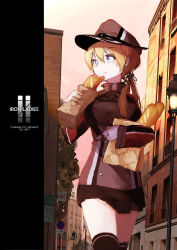 Rule 34 | 10s, 1girl, bad id, bad pixiv id, baguette, black skirt, black thighhighs, blonde hair, blue eyes, bread, building, commentary request, cover, cover page, eating, food, fujibejifu, gloves, hat, highres, holding, holding food, kantai collection, long sleeves, low twintails, military, military uniform, miniskirt, peaked cap, prinz eugen (kancolle), sandwich, skirt, solo, thighhighs, twintails, uniform, walking, white gloves
