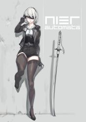 Rule 34 | 1girl, absurdres, alternate costume, bad id, bad twitter id, blindfold, blindfold lift, copyright name, gloves, grey eyes, high heels, highres, jacket, katana, nier (series), nier:automata, planted, planted sword, planted weapon, shorts, solo, sword, thighhighs, urorong, weapon, 2b (nier:automata)