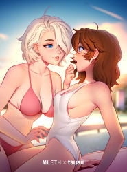 Rule 34 | 2girls, audi (tsuaii), bikini, blue eyes, blurry, blurry background, breasts, brooke (mleth), brown hair, collaboration, commentary, english commentary, freckles, hair over one eye, highres, long hair, looking at another, medium breasts, mleth, multiple girls, one-piece swimsuit, original, outdoors, parted lips, platinum blonde hair, red bikini, swimsuit, tsuaii, white one-piece swimsuit, yuri