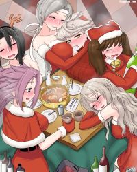 Rule 34 | 6+girls, alternate costume, antlers, bare shoulders, beer can, black hair, bottle, can, chitose (kancolle), commentary request, cypress, dress, drink can, drunk, elbow gloves, fur-trimmed gloves, fur trim, gloves, grey hair, greyscale, horns, hug, i-14 (kancolle), jun&#039;you (kancolle), kantai collection, kotatsu, long hair, monochrome, multiple girls, nachi (kancolle), pola (kancolle), pot, red dress, red gloves, ryuujou (kancolle), smile, table, tokkuri, twitter username, unryuu (kancolle)