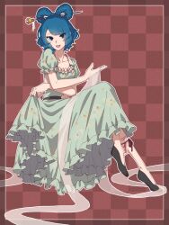 Rule 34 | 1girl, :d, absurdres, blue eyes, blue hair, breasts, checkered background, cleavage, clothes lift, crossed legs, dress, drill hair, drill sidelocks, full body, grizzly m586, hair ornament, hair rings, hair stick, highres, kaku seiga, lifting own clothes, looking at viewer, medium breasts, open mouth, outline, puffy short sleeves, puffy sleeves, red background, shawl, short hair, short sleeves, sidelocks, simple background, skirt hold, smile, solo, swept bangs, touhou, tsurime, white outline