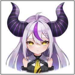 Rule 34 | 1girl, ascot, bare shoulders, black horns, braid, braided bangs, detached sleeves, dot keter, grey hair, highres, hololive, horns, la+ darknesss, la+ darknesss (1st costume), long hair, looking at viewer, multicolored hair, on head, pointy ears, purple hair, solo, streaked hair, striped horns, virtual youtuber, yellow ascot, yellow eyes