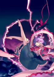 Rule 34 | 1girl, ainy, bad id, bad pixiv id, barefoot, black hat, black skirt, bow, capelet, clothes between thighs, electricity, flying, foreshortening, frilled skirt, frills, hat, hat bow, hat ribbon, highres, lightning, long sleeves, looking at viewer, nagae iku, open mouth, pointing, pointing at viewer, purple hair, red bow, red eyes, red ribbon, ribbon, shawl, short hair, skirt, solo, touhou, unworn hat, unworn headwear