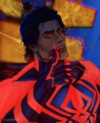 Rule 34 | 1boy, animal print, artist name, black hair, blood, blood from mouth, blue bodysuit, bodysuit, dark-skinned male, dark skin, floweryanarchy, highres, holographic interface, large pectorals, male focus, marvel, miguel o&#039;hara, muscular, muscular male, pectorals, red bodysuit, red eyes, short hair, solo, spider-man: across the spider-verse, spider-man (2099), spider-man (series), spider-verse, spider print, two-tone bodysuit, upper body