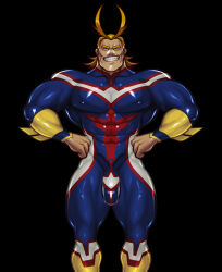 Rule 34 | 1boy, abs, absurdres, all might, bara, biceps, black background, blonde hair, blue eyes, boku no hero academia, bulge, commission, covered erect nipples, covered penis, feet out of frame, formal, grin, hand on own hip, hands on own hips, highres, large pectorals, long hair, looking at viewer, male focus, manly, mature male, muscular, muscular male, nipples, pectorals, simple background, smile, smirk, solo, spandex, suit, teeth, thick arms, thick eyebrows, thick thighs, thighs, tight clothes, yetigo art
