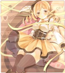 Rule 34 | 10s, 1girl, beret, blonde hair, corset, detached sleeves, drill hair, hat, magical girl, mahou shoujo madoka magica, mahou shoujo madoka magica (anime), ribbon, senju (uroakono), short hair, skirt, smile, solo, striped background, striped clothes, striped thighhighs, thighhighs, tomoe mami, twin drills, twintails, vertical-striped clothes, vertical-striped thighhighs, yellow eyes