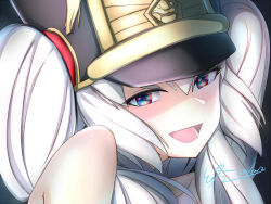 Rule 34 | 1girl, 2019, absurdres, altair (re:creators), bare shoulders, black hat, blue eyes, collarbone, commentary, dated, gold trim, hair between eyes, hat, highres, looking at viewer, looking to the side, lower teeth only, open mouth, re:creators, red eyes, shaded face, signature, smile, solo, square pupils, teeth, tongue, twintails, two-tone eyes, zhong (kartg0046935)