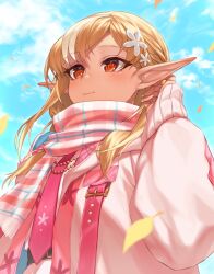 Rule 34 | 1girl, blonde hair, ckhd, coat, flower, hair flower, hair ornament, highres, hololive, long hair, looking up, orange eyes, pink coat, pink scarf, plaid, plaid scarf, pointy ears, scarf, shiranui flare, shiranui flare (4th costume), smile, virtual youtuber, wind