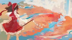 Rule 34 | 1girl, autumn leaves, bow, cloud, detached sleeves, from behind, gohei, hair bow, hair ribbon, hair tubes, hakurei reimu, japanese clothes, kotaro-nosuke, miko, mountain, red bow, red ribbon, ribbon, ribbon-trimmed sleeves, ribbon trim, river, sketch, skirt, skirt set, solo, touhou, water, waterfall, wide sleeves