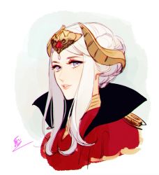Rule 34 | 1girl, braid, commentary, crown, dress, edelgard von hresvelg, english commentary, eva smith, fire emblem, fire emblem: three houses, hair bun, hair ornament, highres, horns, jewelry, long hair, looking at viewer, nintendo, aged up, ornament, parted lips, purple eyes, red dress, signature, simple background, single hair bun, solo, teeth, white hair