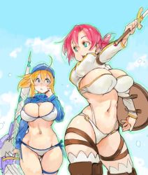 Rule 34 | 2girls, ahoge, aqua eyes, arm up, artoria pendragon (fate), blonde hair, blue eyes, blue sky, boudica (fate), breasts, cleavage, cloud, cloudy sky, commentary request, contrapposto, cowboy shot, curvy, day, eye contact, fate/grand order, fate (series), gluteal fold, hair between eyes, hand up, hip bones, hip focus, holding, large breasts, long sleeves, looking at another, midriff, multiple girls, mysterious heroine x (fate), mysterious heroine xx (fate), narrow waist, navel, o-ring, open mouth, outdoors, outstretched arm, pink hair, sachito, skindentation, sky, stomach, thigh gap, wide hips