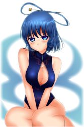 Rule 34 | 1girl, absurdres, blue eyes, blue hair, breasts, breasts squeezed together, center opening, cleavage, cowboy shot, female focus, front zipper swimsuit, hair ornament, hair rings, hair stick, highres, kaku seiga, large breasts, matching hair/eyes, meme attire, one-piece swimsuit, shounen (hogehoge), simple background, solo, sweatdrop, swimsuit, touhou, v arms, white background