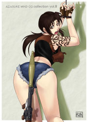 Rule 34 | 1girl, ass, azasuke, back, bdsm, bent over, black lagoon, bondage, bound, bound wrists, brown eyes, brown hair, denim, denim shorts, female focus, fingerless gloves, from behind, gloves, highres, holster, long hair, looking back, open mouth, revy (black lagoon), rocket launcher, rope, rpg (weapon), short shorts, shorts, solo, standing, tank top, tattoo, weapon