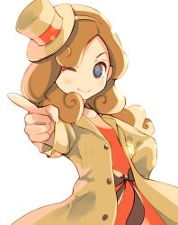 Rule 34 | 1girl, black ribbon, blue eyes, brown hair, closed mouth, coat, commentary request, copyright request, curly hair, dress, hairband, hand on own hip, hat, kuga tsukasa, looking at viewer, one eye closed, open clothes, open coat, pointing, pointing at viewer, red dress, ribbon, sideways hat, simple background, smile, solo, top hat, upper body, white background