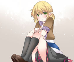Rule 34 | 1girl, black legwear, blonde hair, commentary request, grey eyes, hammer (sunset beach), looking at viewer, mizuhashi parsee, pointy ears, short hair, sitting, sitting on person, skirt, solo, touhou