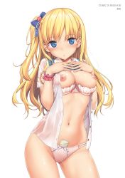Rule 34 | 1girl, blonde hair, blue eyes, blush, bow, bow panties, bra, bra pull, breast suppress, breasts, cleavage, clothes lift, clothes pull, comic exe, condom, condom wrapper, contrapposto, cowboy shot, dress shirt, hair bow, hair ornament, hairclip, hands on own chest, highres, jewelry, long hair, looking at viewer, medium breasts, multi-strapped panties, navel, nipples, no pants, one side up, open clothes, open shirt, original, panties, pink bra, pink panties, ring, scan, school uniform, see-through, shiny skin, shirt, short sleeves, simple background, solo, standing, stomach, string panties, sweater, sweater lift, sweater vest, takayaki, underwear, white background, wrist cuffs