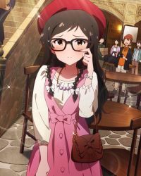 Rule 34 | 10s, 1girl, blush, braid, brown eyes, brown hair, dress, faceless, faceless male, glasses, hat, idolmaster, idolmaster million live!, jewelry, kitazawa shiho, long hair, looking at viewer, necklace, official art, solo focus