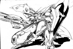 Rule 34 | arm shield, char&#039;s counterattack, char&#039;s counterattack - beltorchika&#039;s children, clenched hand, commentary, commission, english commentary, gun, gundam, highres, holding, holding gun, holding weapon, ink (medium), looking at viewer, mecha, nightingale (gundam), no humans, one-eyed, pillar buster, robot, science fiction, shadow, solo, traditional media, weapon