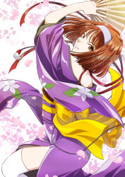 Rule 34 | 1girl, bare shoulders, brown eyes, brown hair, floral print, floral print kimono, hairband, hand fan, highres, holding, holding fan, japanese clothes, kanzaki sumire, kimono, looking at viewer, looking back, nekomaru, print kimono, purple kimono, purple sleeves, sakura taisen, short hair, solo, thighhighs, twitter username, white hairband, white thighhighs, wide sleeves