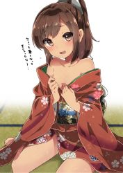 Rule 34 | 10s, 1girl, alternate costume, bare shoulders, barefoot, blush, breasts, brown eyes, brown hair, collarbone, colored eyelashes, female focus, floral print, hair ornament, highres, i-401 (kancolle), japanese clothes, kantai collection, kimono, large breasts, looking at viewer, open mouth, ponytail, sash, short hair, sitting, solo, tan, tatami, translation request, wariza, wet, wide sleeves, yukata, zinpati