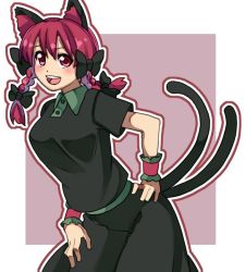Rule 34 | 1girl, :d, adapted costume, animal ear fluff, animal ears, border, braid, breasts, cat ears, cat tail, cowboy shot, eyebrows hidden by hair, hair between eyes, hand on own hip, kaenbyou rin, leaning forward, long hair, looking at viewer, medium breasts, multiple tails, nekomata, one-hour drawing challenge, open mouth, outline, outside border, purple background, red eyes, red hair, renshirenji, short sleeves, simple background, smile, solo, tail, teeth, tongue, touhou, twin braids, twintails, two tails, upper teeth only, white border, white outline, wing collar, wrist cuffs