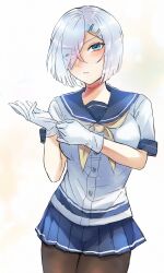 Rule 34 | 1girl, absurdres, adjusting clothes, adjusting gloves, black pantyhose, blue eyes, blue sailor collar, blue skirt, blush, breasts, gloves, hagioshi, hair ornament, hair over one eye, hairclip, hamakaze (kancolle), highres, kantai collection, large breasts, looking at viewer, miniskirt, neckerchief, pantyhose, pleated skirt, sailor collar, school uniform, serafuku, short hair, short sleeves, simple background, skirt, solo, white gloves, yellow neckerchief