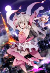 Rule 34 | 1girl, arms up, ascot, bare shoulders, blurry, blurry background, blush, boots, breasts, cape, cityscape, dress, elbow gloves, fate/kaleid liner prisma illya, fate (series), feather hair ornament, feathers, full moon, gloves, hair ornament, highres, illyasviel von einzbern, kaleidostick, layered gloves, long hair, looking at viewer, magical ruby, moon, night, night sky, open mouth, pei iriya, pink dress, pink footwear, pink gloves, prisma illya, red eyes, sidelocks, skirt, sky, small breasts, smile, thigh boots, two side up, wand, white cape, white gloves, white hair, white skirt