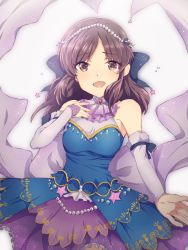 Rule 34 | 10s, 1girl, blush, bow, brown eyes, brown hair, detached sleeves, dress, gem, hair bow, highres, idolmaster, idolmaster cinderella girls, idolmaster cinderella girls starlight stage, kxy06, long hair, looking at viewer, open mouth, pearl (gemstone), smile, solo, tachibana arisu, tears
