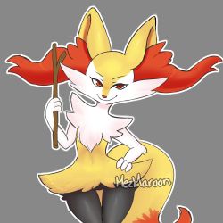 Rule 34 | 1girl, animal ear fluff, animal ears, braixen, closed mouth, cowboy shot, creatures (company), female focus, fox ears, fox tail, furry, furry female, game freak, gen 6 pokemon, grey background, half-closed eyes, hand on own hip, hand up, happy, highres, holding, jpeg artifacts, looking at viewer, mezmaroon, navel, nintendo, outline, pokemon, pokemon (creature), red eyes, simple background, smile, solo, standing, stick, tail, thigh gap, white outline