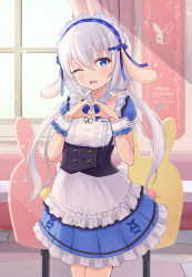 Rule 34 | 1girl, 2021, birthday, finger heart, hair between eyes, hair ornament, happy birthday, highres, hikkyou, looking at viewer, maid, masquerade channel, one eye closed, smile, solo, tenshi nano, virtual youtuber, white hair